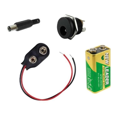 Picture of 9 Volt Battery With Connector, DC Jack & Socket