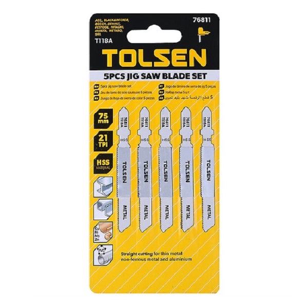 Picture of TOLSEN 5pcs Jigsaw Blades Set T118A Metal (75mm 21 TPI) High Carbon Steel Model: 76811