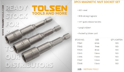 Picture of TOLSEN 3Pcs Magnetic Nut Socket Set (8mm x 65mm) Tek Screw Bits 77843 - Kings Trading