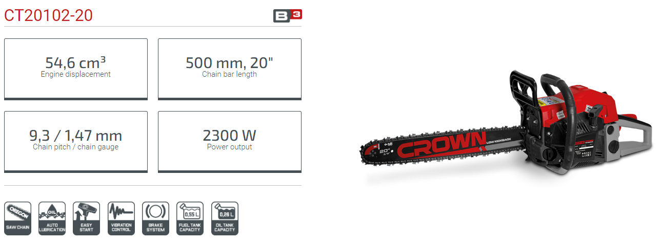 Picture of CROWN Gasoline Chain Saw 22 " Chain bar Engine Capacity 55 CC / CT20102 - Kings Trading