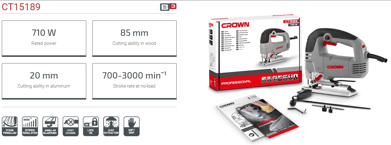 Picture of CROWN Jig Saw 710W, Capacity: Wood - 85 mm, Pendulum action, Stroke: 700 - 3 000 spm  Model: CT15189 - Kings Trading