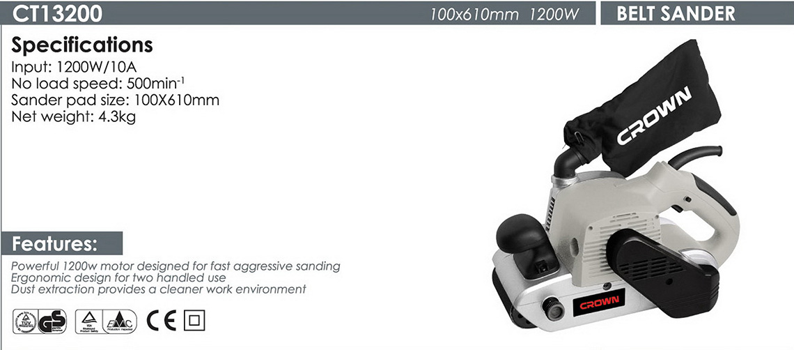 Picture of CROWN 1200W Belt Sander Surface 100mm & Belt 610mm, Wood Finishing Tools Model: CT13200 - Kings Trading
