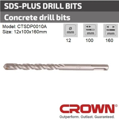 Picture of CROWN 12x100x160mm SDS-plus Drill Bit for Concrete Model: CTSDP0010A - Kings Trading