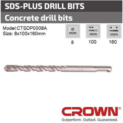 Picture of CROWN 8x100x160mm SDS-plus Drill Bit for Concrete Model: CTSDP0008A - Kings Trading