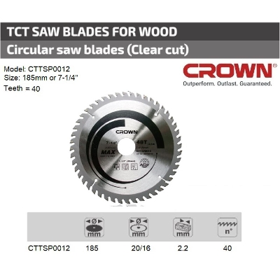 Picture of CROWN 7-1/4 " TCT Circular Saw Blade for Wood 185mm 40T Model: CTTSP0012 - Kings Trading