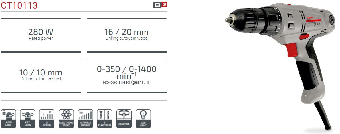 Picture of CROWN 10mm Electric Drill / Screwdriver 280W Keyless chuck Variable speed CT10113 - Kings Trading