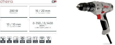 Picture of CROWN 10mm Electric Drill / Screwdriver 280W Keyless chuck Variable speed CT10113 - Kings Trading