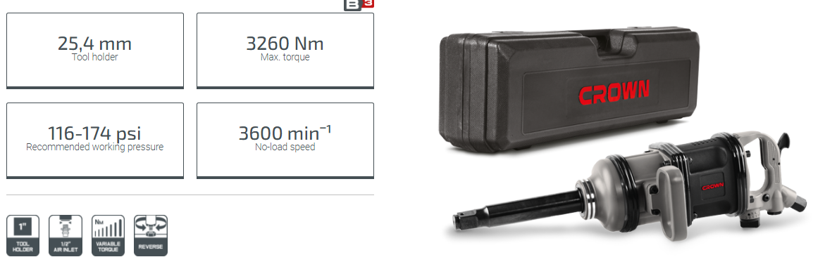 Picture of CROWN Pneumatic Impact Wrench Max. torque 3260Nm, Tool holder 1" or (25.4mm) , 116-174 psi, CT38083 - Kings Trading