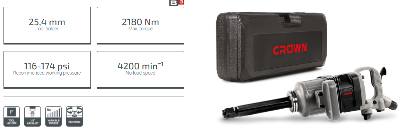 Picture of CROWN Pneumatic Impact Wrench Max. torque 2180Nm, Tool holder 1" or (25.4mm) , 116-174 psi, CT38085 - Kings Trading