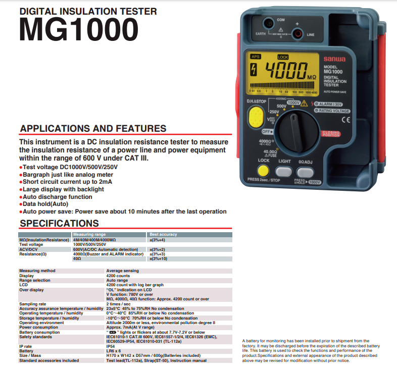 Picture of Sanwa MG1000 Digital Insulation Tester