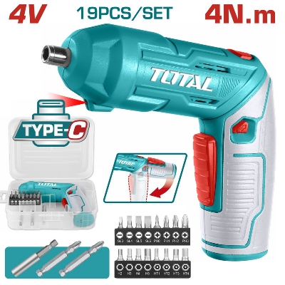 Picture of TOTAL Cordless Screwdriver /w 19pcs Accessories, 4V Lithium-Ion Battery, 1/4" Hex Shank TSDLI0442