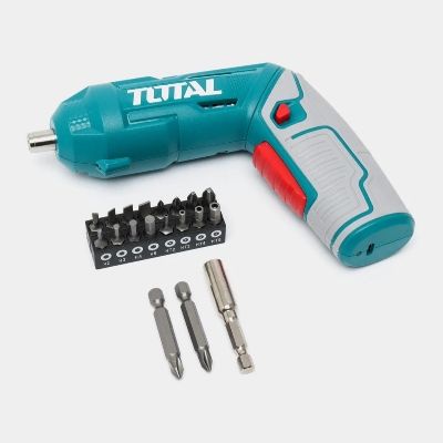 Picture of TOTAL Cordless Screwdriver /w 19pcs Accessories, 4V Lithium-Ion Battery, 1/4" Hex Shank TSDLI0442