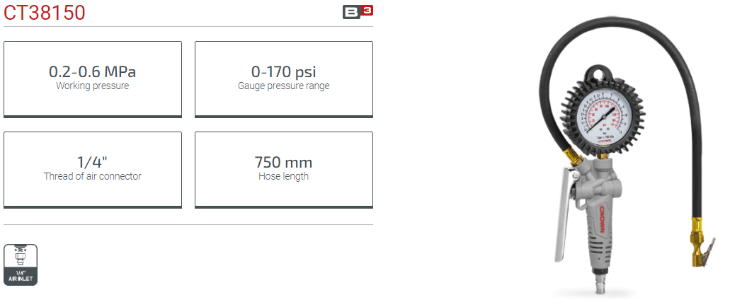 Picture of CROWN Tyre Inflator with Air Pressure Gauge CT38150 - Kings Trading