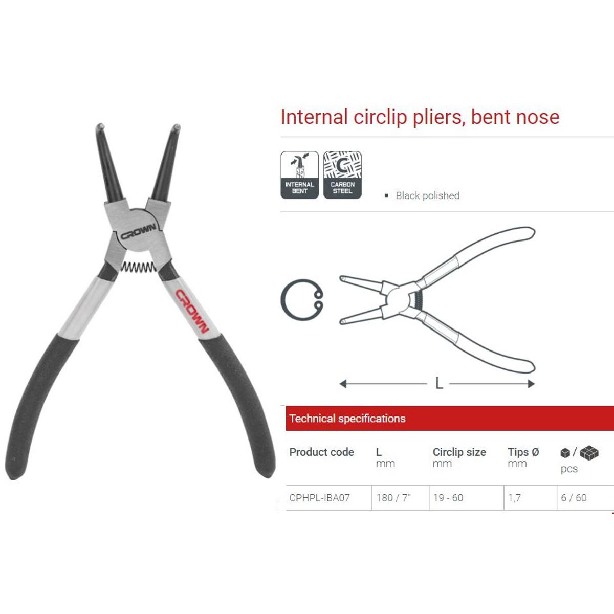 Picture of CROWN 7" Internal Circlip Pliers, 160mm, Bent Nose CPHPL-IBA07 - Kings Trading