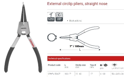 Picture of CROWN 7" External Circlip Pliers, 160mm, Straight nose CPHPL-ESA07 - Kings Trading