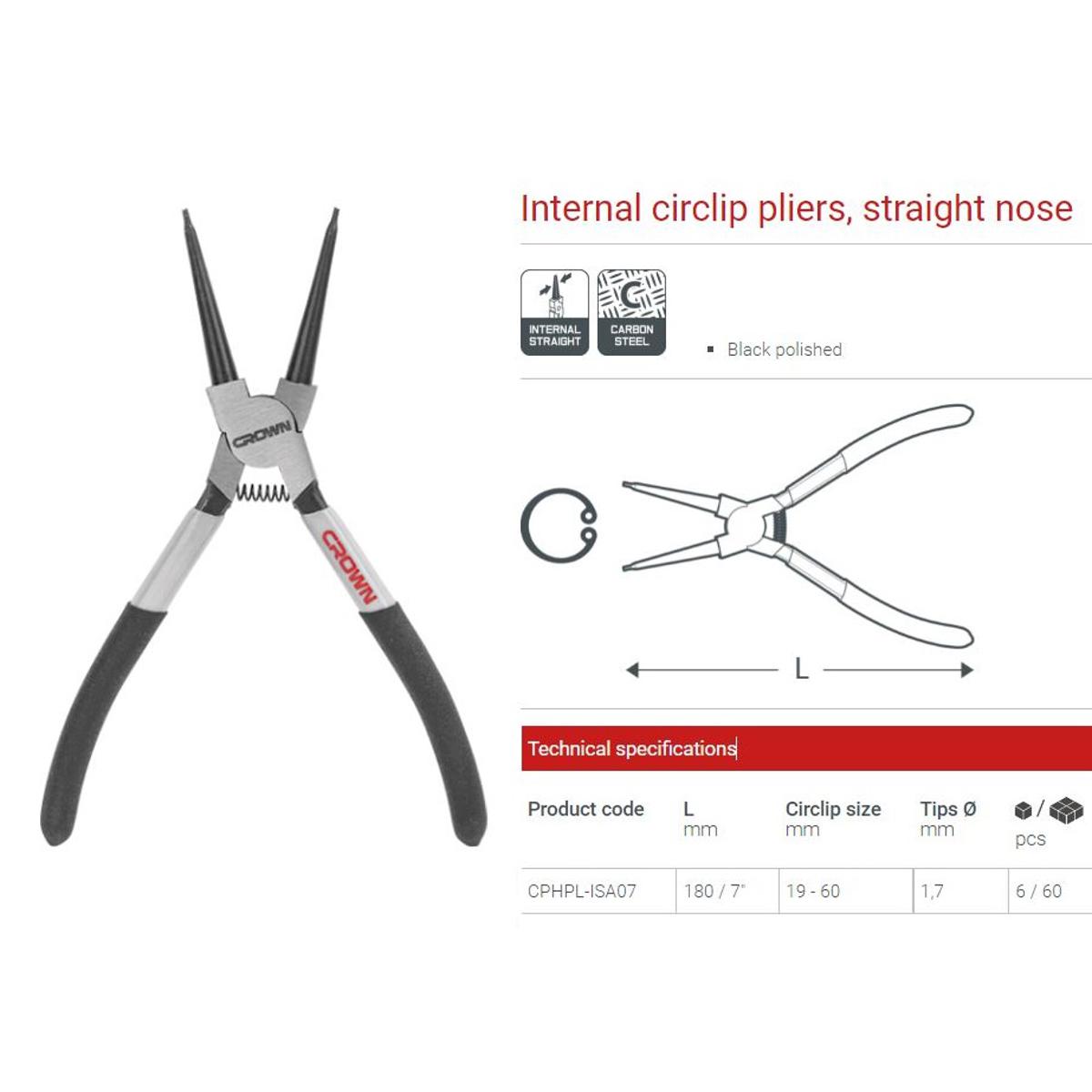 Picture of CROWN 7" Internal Circlip Pliers, 160mm, Straight Nose CPHPL-ISA07 - Kings Trading