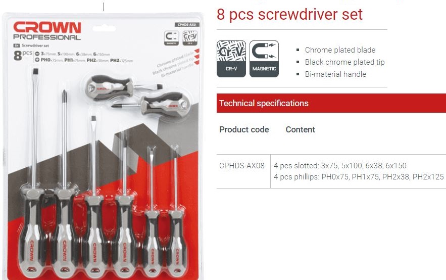 Picture of CROWN 8Pcs Screwdriver Set CPHDS-AX08 - Kings Trading