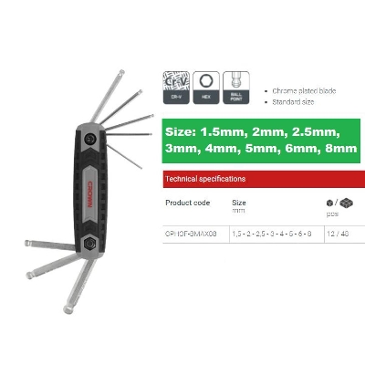 Picture of CROWN 8Pcs Foldable Ball Hex Key Set ( 1.5mm, 2mm, 2.5mm, 3mm, 4mm, 5mm, 6mm, 8mm ) CPHOF-BMAX08 - Kings Trading