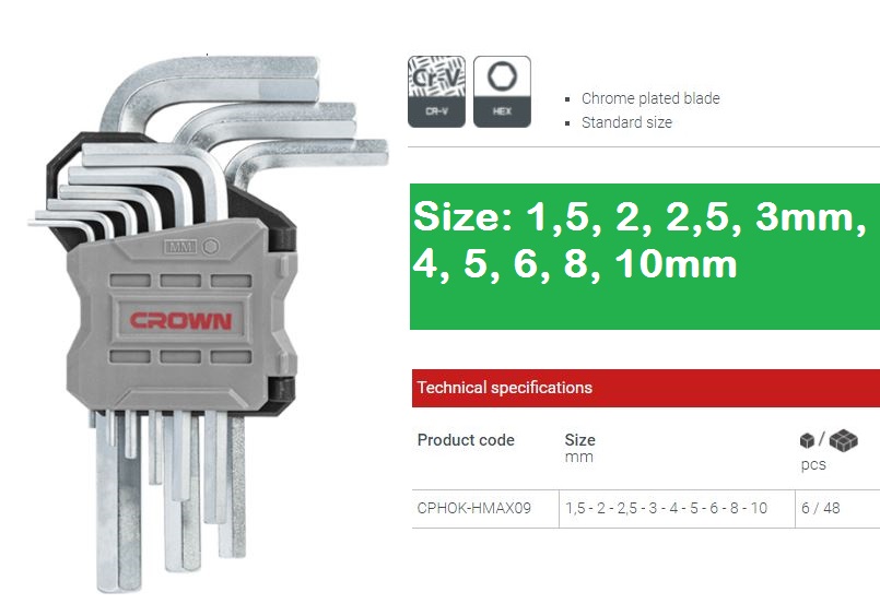 Picture of CROWN 9pcs Short Hex Key Set ( 1,5mm, 2mm, 2,5mm, 3mm, 4mm, 5mm, 6mm, 8mm, 10mm ) CPHOK-HMAX09