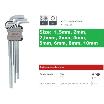 Picture of CROWN 9Pcs Extra Long Hex Key Set ( 1,5mm, 2mm, 2,5mm, 3mm, 4mm, 5mm, 6mm, 8mm, 10mm ) CPHOK-HMCX09 - Kings Trading