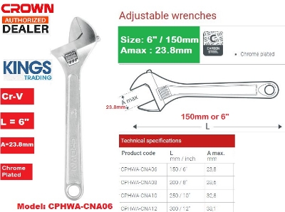 Picture of CROWN 6" / 8" / 10" / 12" Adjustable Wrench Carbon Steel Industrial Quality - Kings Trading