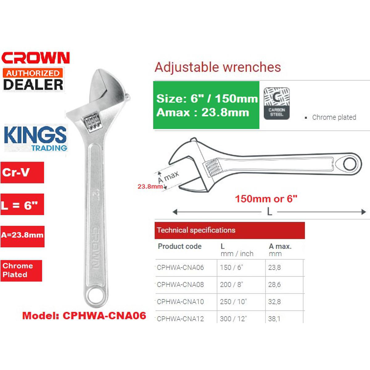 Picture of CROWN 6" / 8" / 10" / 12" Adjustable Wrench Carbon Steel Industrial Quality - Kings Trading