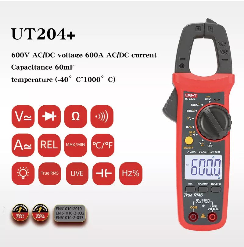 Picture of UNI-T UT204+ Digital Clamp Meter AC/DC Current Tester (600A) True RMS Auto Range Temperature Measurement High Precision Multimeter