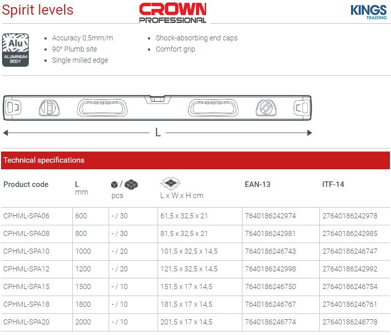 Picture of CROWN 39.37 " Spirit Level 1000mm CPHML-SPA10 - Kings Trading