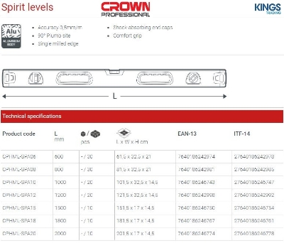 Picture of CROWN 47.24 " Spirit Level 1200mm CPHML-SPA12 - Kings Trading