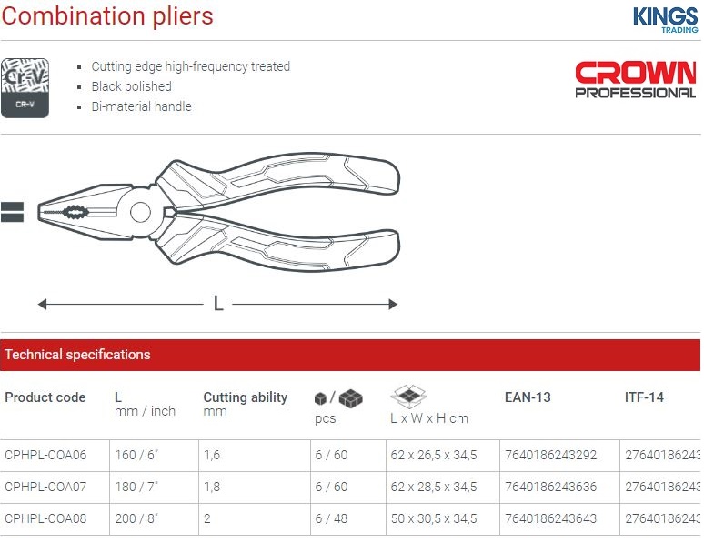 Picture of CROWN 7" Combination Pliers 160mm Cr-V Soft Grip CPHPL-COA07 - Kings Trading