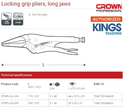 Picture of CROWN 6.5" Locking Grip Pliers, long Straight Jaws 170mm CPHPL-GLAH6 - Kings Trading