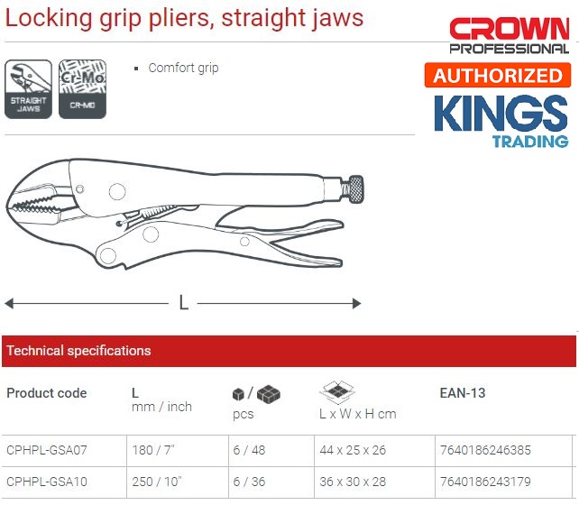 Picture of CROWN 7" Locking Grip Pliers, 160mm, Straight Jaws 180mm CPHPL-GSA07 - Kings Trading