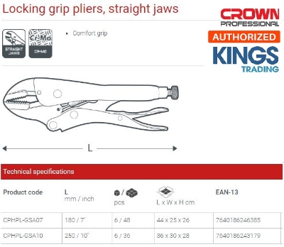 Picture of CROWN 10" Locking Grip Pliers, Straight Jaws 250mm CPHPL-GSA10  - Kings Trading