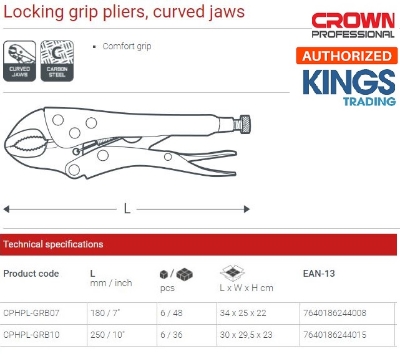 Picture of CROWN 7" Locking Grip Pliers, 160mm, Extra Curved Jaws 180mm CPHPL-GRB07 - Kings Trading