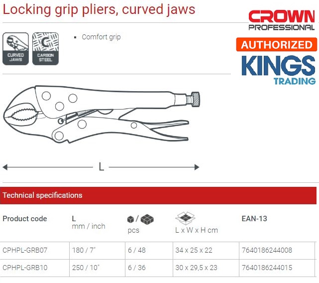 Picture of CROWN 10" Locking Grip Pliers, Extra curved Jaws 250mm CPHPL-GRB10  - Kings Trading