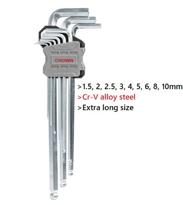 Picture of CROWN 9Pcs Extra Long Ball Point End Hex Key Set CPHOK-BMCX09 - Kings Trading