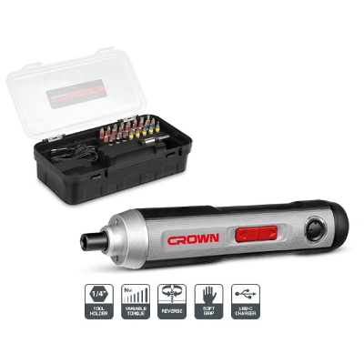 Picture of CROWN Cordless Screwdriver 3.6V (Li-on 2Ah), 6,6-7,2 Nm, with 25Pcs Screwdriver bit Accessories Plastic case pack Model: CT22033 - Kings Trading