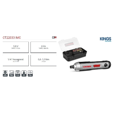 Picture of CROWN Cordless Screwdriver 3.6V (Li-on 2Ah), 6,6-7,2 Nm, with 25Pcs Screwdriver bit Accessories Plastic case pack Model: CT22033 - Kings Trading