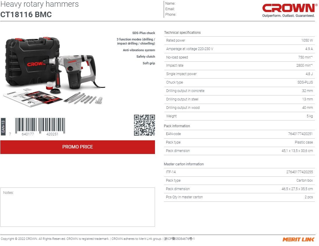 Picture of CROWN Rotary Hammer SDS-Plus 1050W, Drilling output: 32 mm, impact power: 4.8J, Impact rate: 2800 per min, with 3 Pcs Drill bits and 2 Pcs chisel, Model: CT18116 - Kings Trading