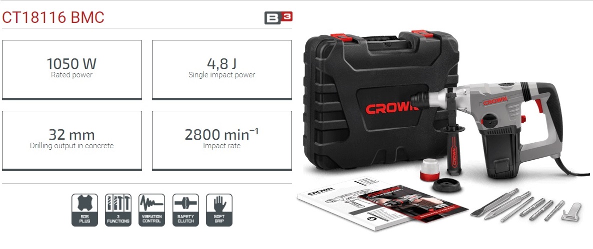 Picture of CROWN Rotary Hammer SDS-Plus 1050W, Drilling output: 32 mm, impact power: 4.8J, Impact rate: 2800 per min, with 3 Pcs Drill bits and 2 Pcs chisel, Model: CT18116 - Kings Trading