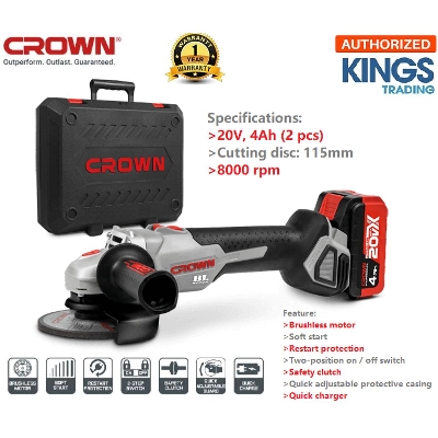 Picture of CROWN 20V Cordless angle grinders 20V (4Ah, Lithium-ion), 5" (115mm), 8000rpm, with battery (2 Pcs) and charger CT23001-115HX-4 BMC - Kings Trading