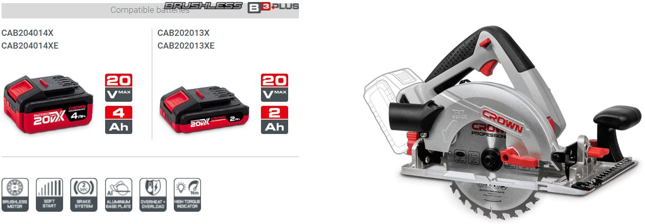 Picture of CROWN 20V Cordless circular saw 20V (4Ah, Lithium-ion), 165mm, 57 mm Max. cutting depth, silence brushless motor, with battery (2 Pcs) and charger Model: CT25002-165HX-4 - Kings Trading