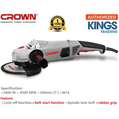 Picture of CROWN 7" Angle Grinder 2600W, 180mm, 8500rpm, with soft start CT13489-180S - Kings Trading