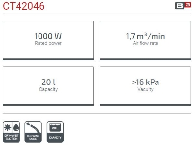 Picture of CROWN 15L All-purpose Vacuum Cleaners 1000W 16kPa dry and wet function CT42045 - Kings Trading