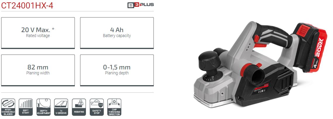 Picture of CROWN Cordless Planer, 20V 4Ah, planing width: 82 mm CT24001HX-4 - Kings Trading