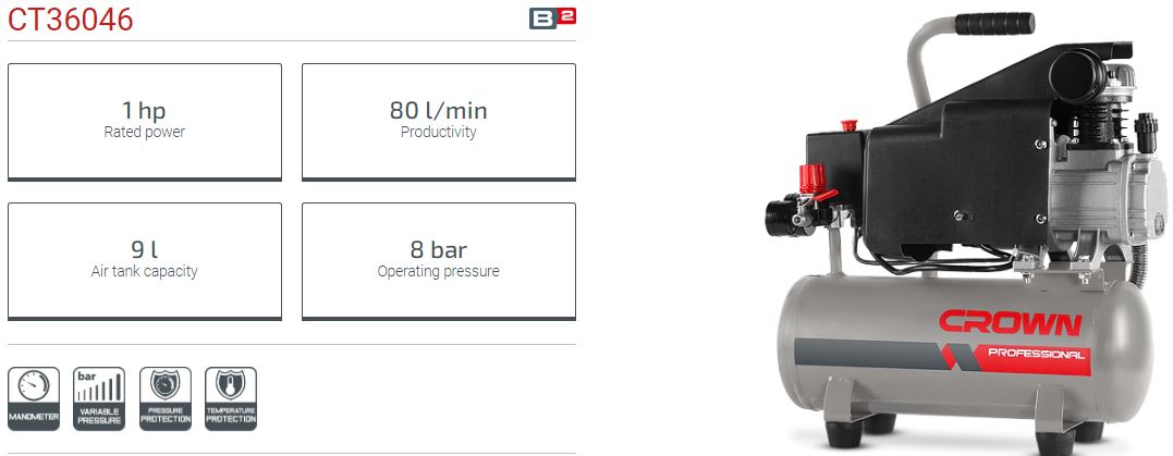 Picture of CROWN  9L Air Compressor 8bar 80 l/min CT36046 - Kings Trading