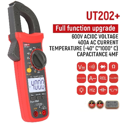 Picture of UNI-T UT202+ Digital True RMS Clamp Meter AC Current 400A, Voltage AC/DC 600V, Current Frequency 50Hz~100Hz, Voltage Frequency 10Hz~10kHz, Resistance 40MΩ Capacitance 4mF Temperature -40℃~1000℃  - Kings Trading