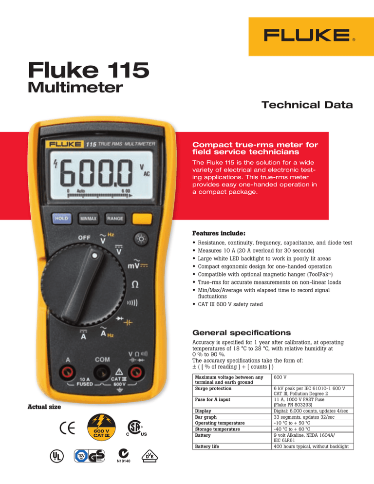 Picture of Fluke 115 True RMS Digital Multimeter Measures AC/DC Voltage To 600 V and AC/DC Current to 10 A
