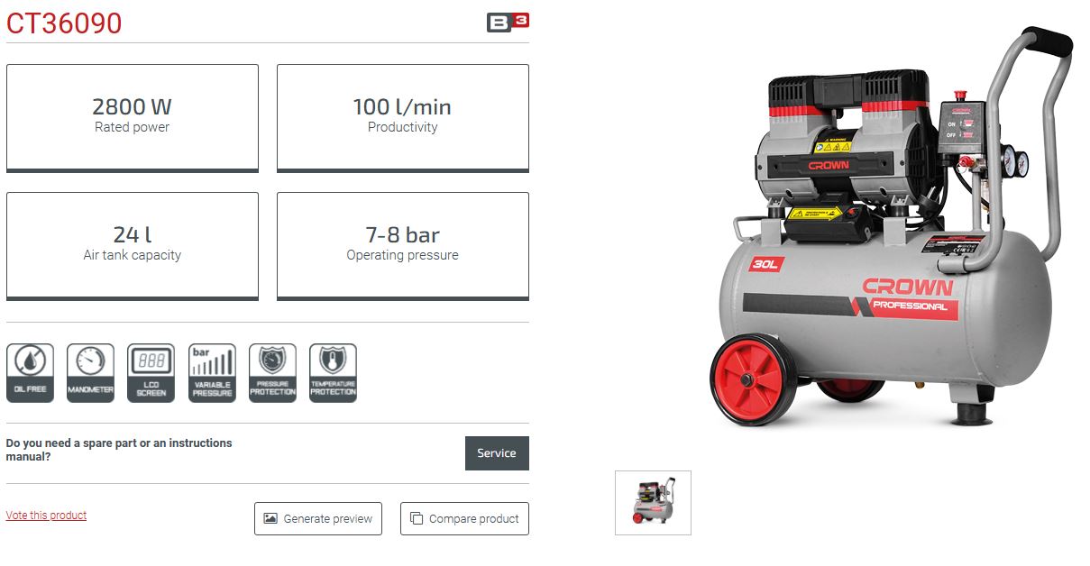 Picture of Crown 24L Oil-Free Air Compressor, Silence Air Compressor for Dental Doctor Capacity: 24L, Power : 1400W, Model: CT36090 - Kings Trading