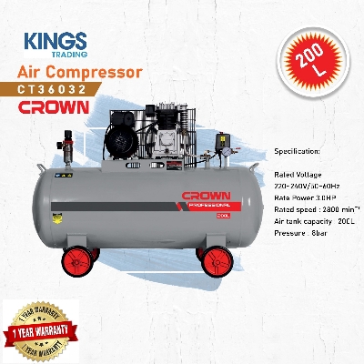 Picture of CROWN 200L Direct Air Compressors, Rate Power: 3.0HP, Rated speed: 2800 minˉ¹, Pressure: 8bar, Air tank capacity: 200L, Model: CT36032 - Kings Trading